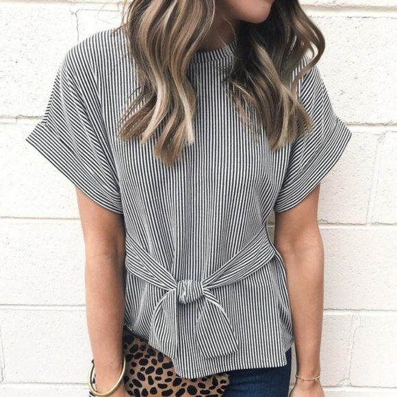 Express L Black White Tie Waist Top - Picture 1 of 7